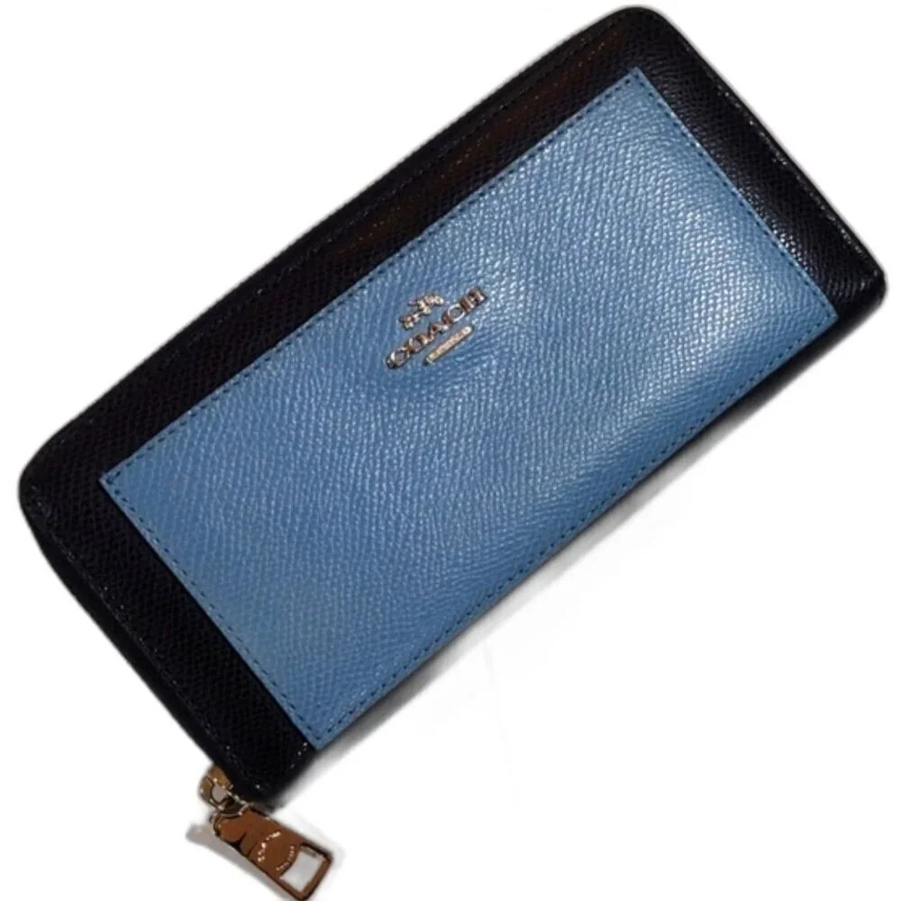 Authentic Coach Navy & Blue Crossgrain Zip-Around Wallet – Gold Logo Leather